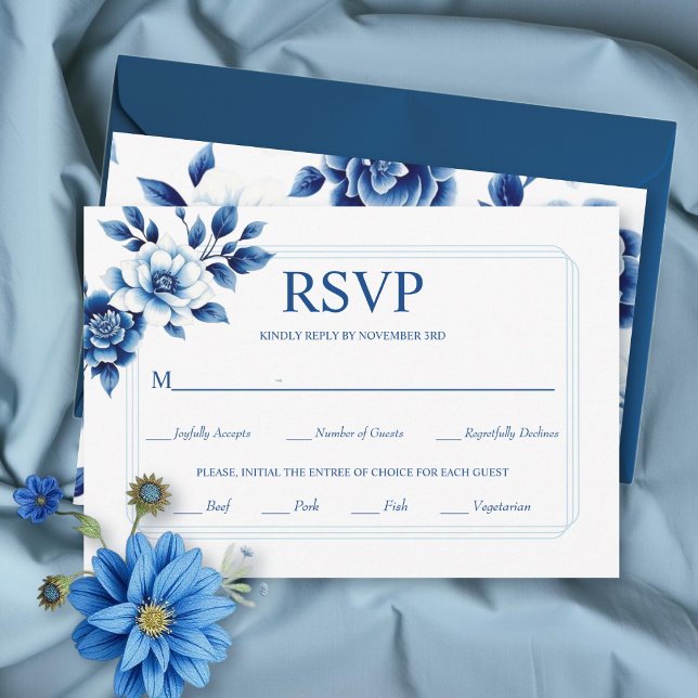 Blue floral Chinoiserie and triple border wedding RSVP Card (Creator Uploaded)