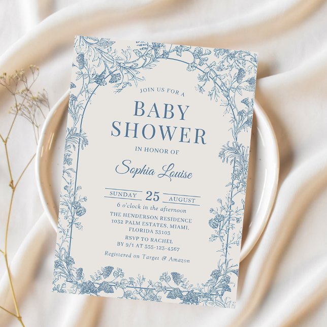 Blue Floral Chinoiserie Baby Shower Invitation (Creator Uploaded)