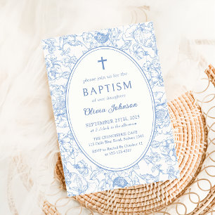 Blue Floral Chinoiserie Baptism Invitation