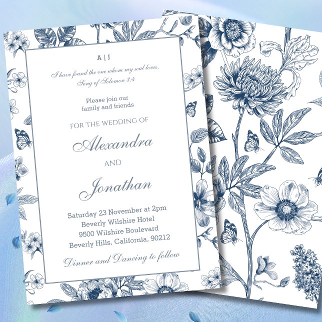 Blue Floral Chinoiserie Christian Wedding  Invitation (Creator Uploaded)