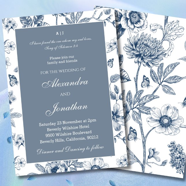 Blue Floral Chinoiserie Christian Wedding  Invitation (Creator Uploaded)