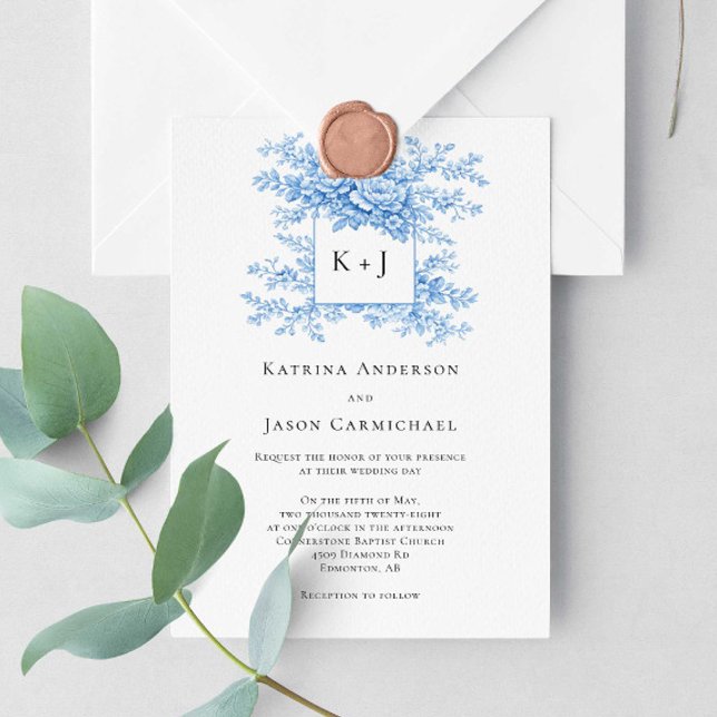 Blue Floral Chinoiserie Classing Monogram Elegant Invitation (Creator Uploaded)