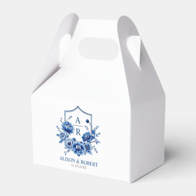 Blue floral Chinoiserie crest and initials wedding Favour Box (Front Side)