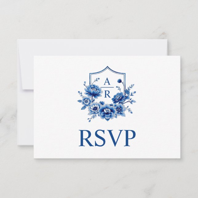Blue floral Chinoiserie crest and qr code wedding RSVP Card (Front)