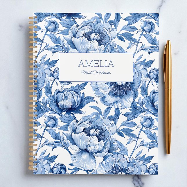 Blue Floral Chinoiserie Flower Name Modern Undated Planner (Blue Floral Chinoiserie Flower Name Modern Undated Planner Bridal shower Bridesmaid)