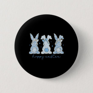 Blue Floral Chinoiserie Happy Easter Three Bunny C 6 Cm Round Badge