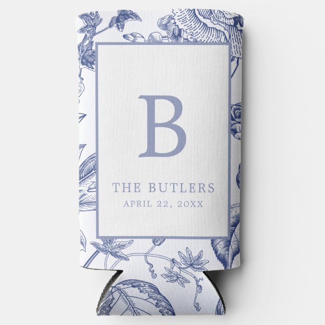 Blue Floral Chinoiserie Initial Wedding Can Cooler (Front)
