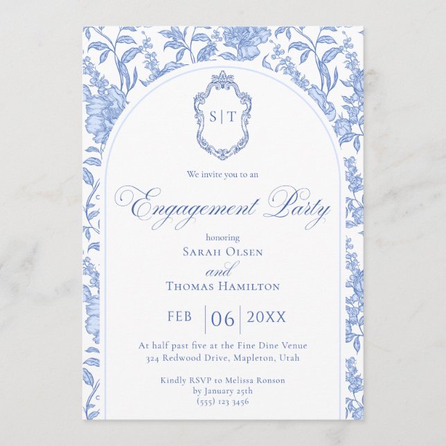 Blue Floral Chinoiserie Monogram Engagement Party Invitation (Front)