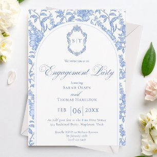 Blue Floral Chinoiserie Monogram Engagement Party Invitation