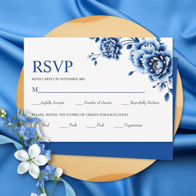 Blue floral Chinoiserie peony flowers wedding RSVP Card (Creator Uploaded)