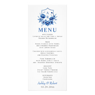 Blue floral Chinoiserie peony wedding menu card