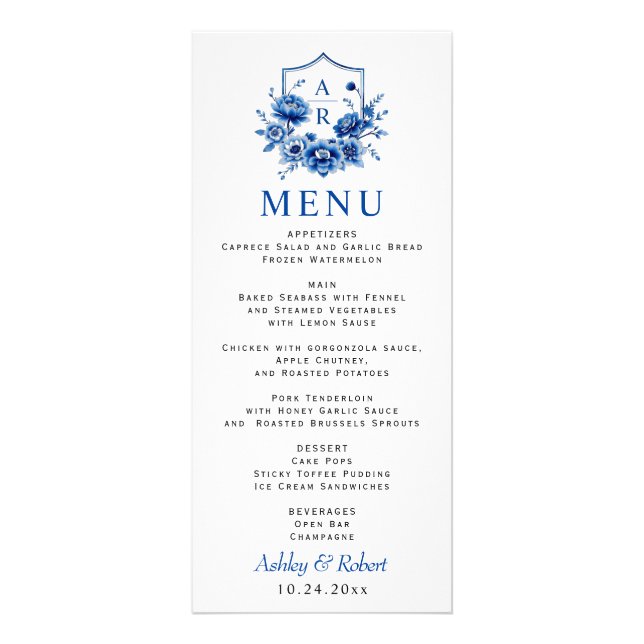 Blue floral Chinoiserie peony wedding menu card (Front)