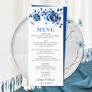 Blue floral Chinoiserie peony wedding menu card