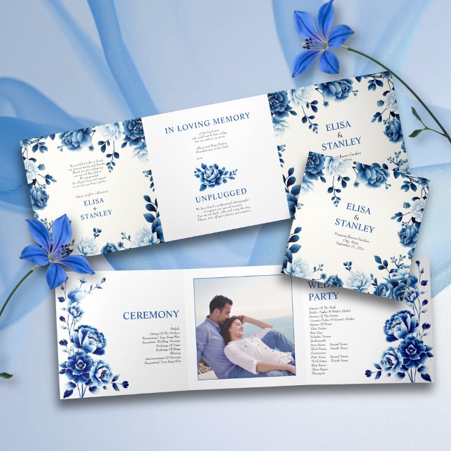Blue floral Chinoiserie peony wedding program Tri-Fold Programme (Creator Uploaded)