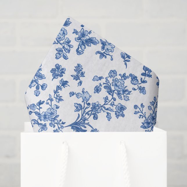 Blue Floral Chinoiserie Toile Gingham Tissue Paper (Gift Bag)