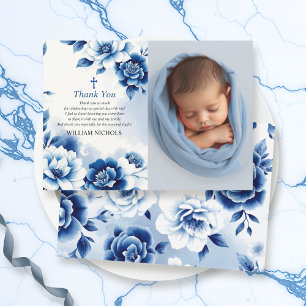 Blue floral Chinoiserie, watercolor Baptism photo Thank You Card