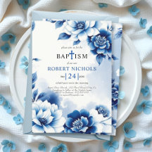 Blue floral Chinoiserie, watercolor wash Baptism