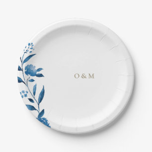 Blue floral Chinoiserie Wedding monogram Paper Plate