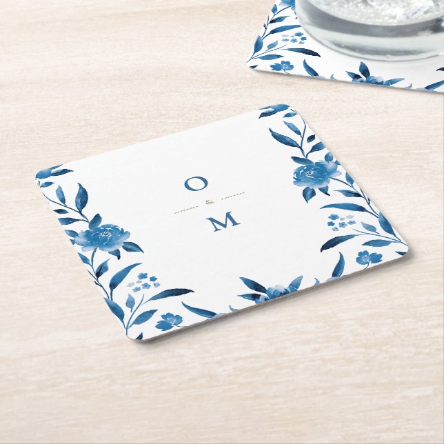 Blue floral Chinoiserie Wedding monogram Square Paper Coaster (Angled)
