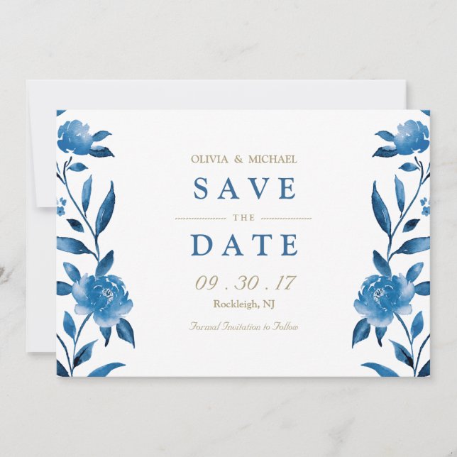 Blue floral Chinoiserie Wedding save the date (Front)