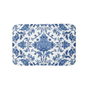 Blue Floral Chinoiserie White Watercolor Bath Mat