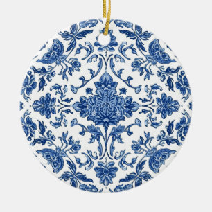 Blue Floral Chinoiserie White Watercolor Ceramic Ornament