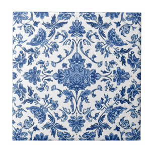 Blue Floral Chinoiserie White Watercolor Ceramic Tile