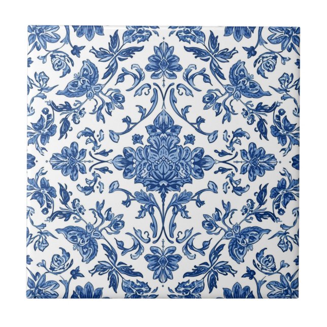 Blue Floral Chinoiserie White Watercolor Ceramic Tile (Front)