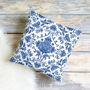 Blue Floral Chinoiserie White Watercolor Cushion