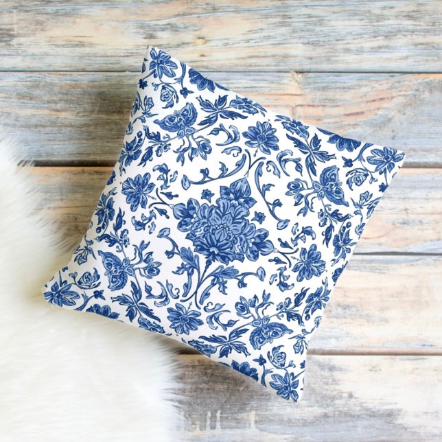 Blue Floral Chinoiserie White Watercolor Cushion (Creator Uploaded)