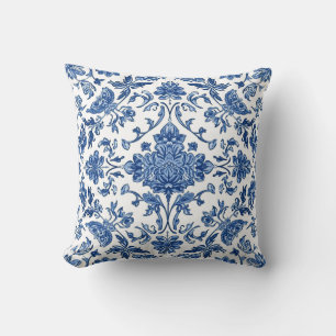 Blue Floral Chinoiserie White Watercolor Cushion