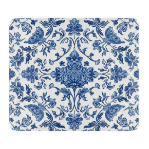 Blue Floral Chinoiserie White Watercolor Cutting Board