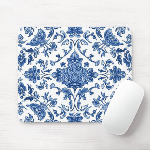 Blue Floral Chinoiserie White Watercolor Mouse Pad