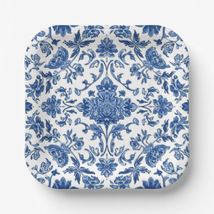 Blue Floral Chinoiserie White Watercolor Paper Plate