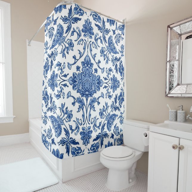 Blue Floral Chinoiserie White Watercolor Shower Curtain (In Situ)