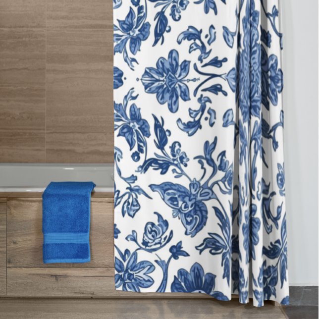 Blue Floral Chinoiserie White Watercolor Shower Curtain (Creator Uploaded)