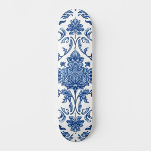Blue Floral Chinoiserie White Watercolor Skateboard