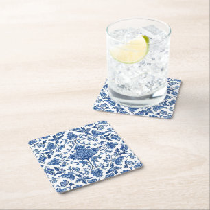 Blue Floral Chinoiserie White Watercolor Square Paper Coaster