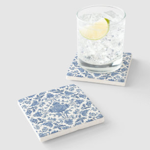 Blue Floral Chinoiserie White Watercolor Stone Coaster