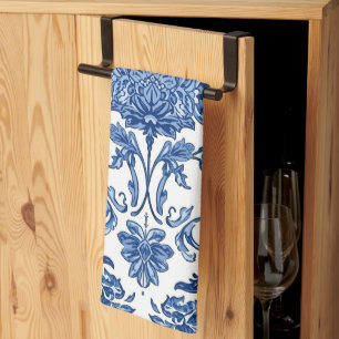 Blue Floral Chinoiserie White Watercolor Tea Towel