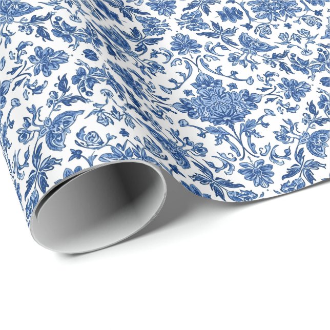 Blue Floral Chinoiserie White Watercolor Wrapping Paper (Roll Corner)
