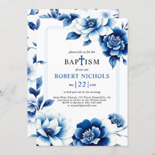 Blue floral Chinoiserie with triple border Baptism Invitation