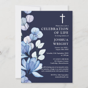 Blue Floral Christian Celebration Of Life Funeral Invitation