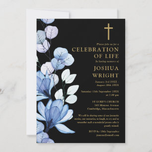 Blue Floral Christian Celebration Of Life Funeral Invitation