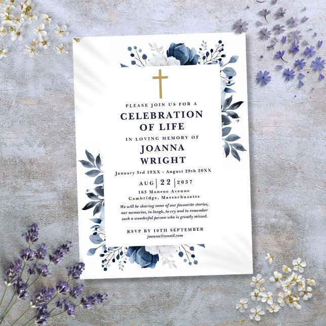 Blue Floral Christian Celebration Of Life Funeral Invitation (Blue Floral Christian Celebration Of Life Funeral Invitation)