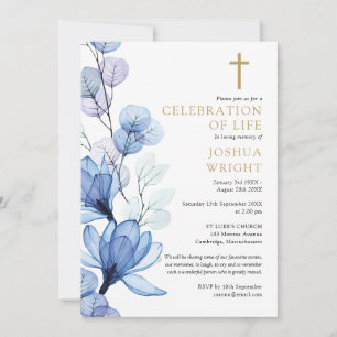 Blue Floral Christian Celebration Of Life Funeral Invitation