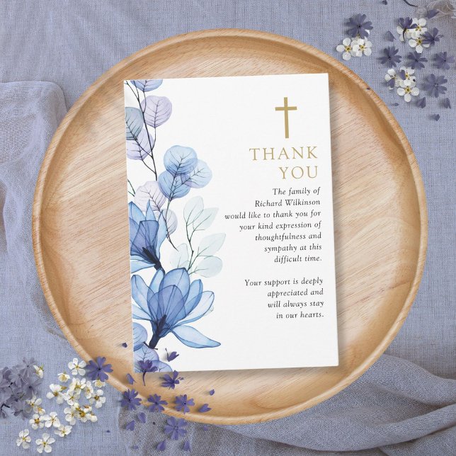 Blue Floral Christian Celebration Of Life Funeral Thank You Card (Blue Floral Christian Celebration Of Life Funeral Thank You Card)