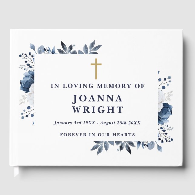 Blue Floral Christian In Loving Memory Funeral Guest Book (Front)