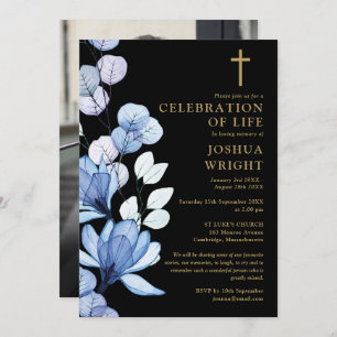 Blue Floral Christian Memorial Funeral Photo Invitation