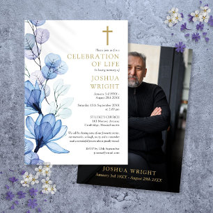 Blue Floral Christian Memorial Funeral Photo Invitation